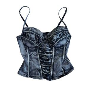 Y2k Metallic Silver Black Acid Wash Corset Bustier Top Hook Eye grunge sexy S